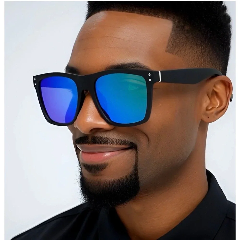 Square Frame Sunglasses Black Frame Blue Green Mirrored Lens Fashion Style Gafas